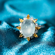 Burma Natural White Jade Cabochon Ring With Yellow Sapphire 11*8.9mm, 18K Gold